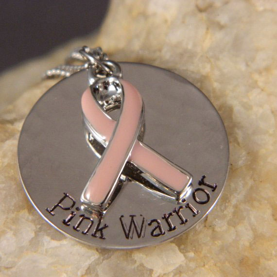 Pink Warrior Breast Cancer Enameled Ribbon Necklace